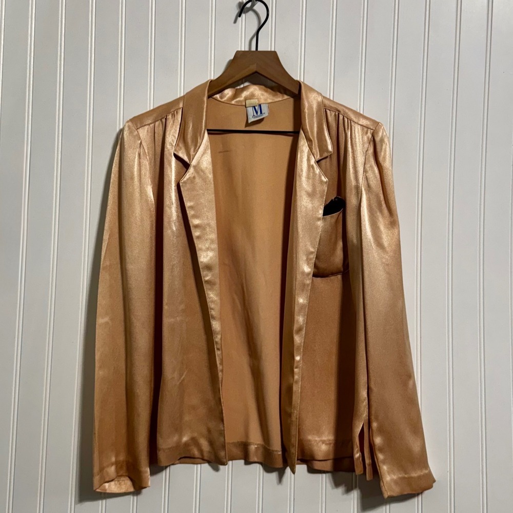Vintage M Company Womens 9 Gold Satin Blazer Jacket Open Front 80s Mob Wife‎